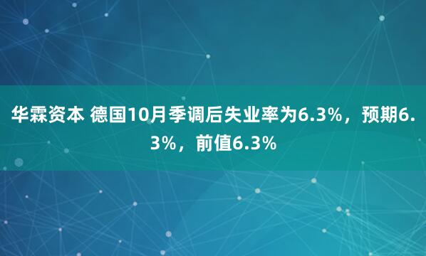 华霖资本 德国10月季调后失业率为6.3%，预期6.3%，前值6.3%